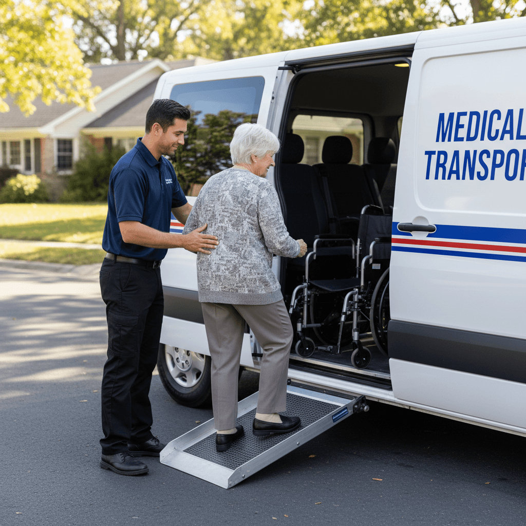 professional medical transport driver assisting elderly passenger into wheelchair accessible vehicle with ramp